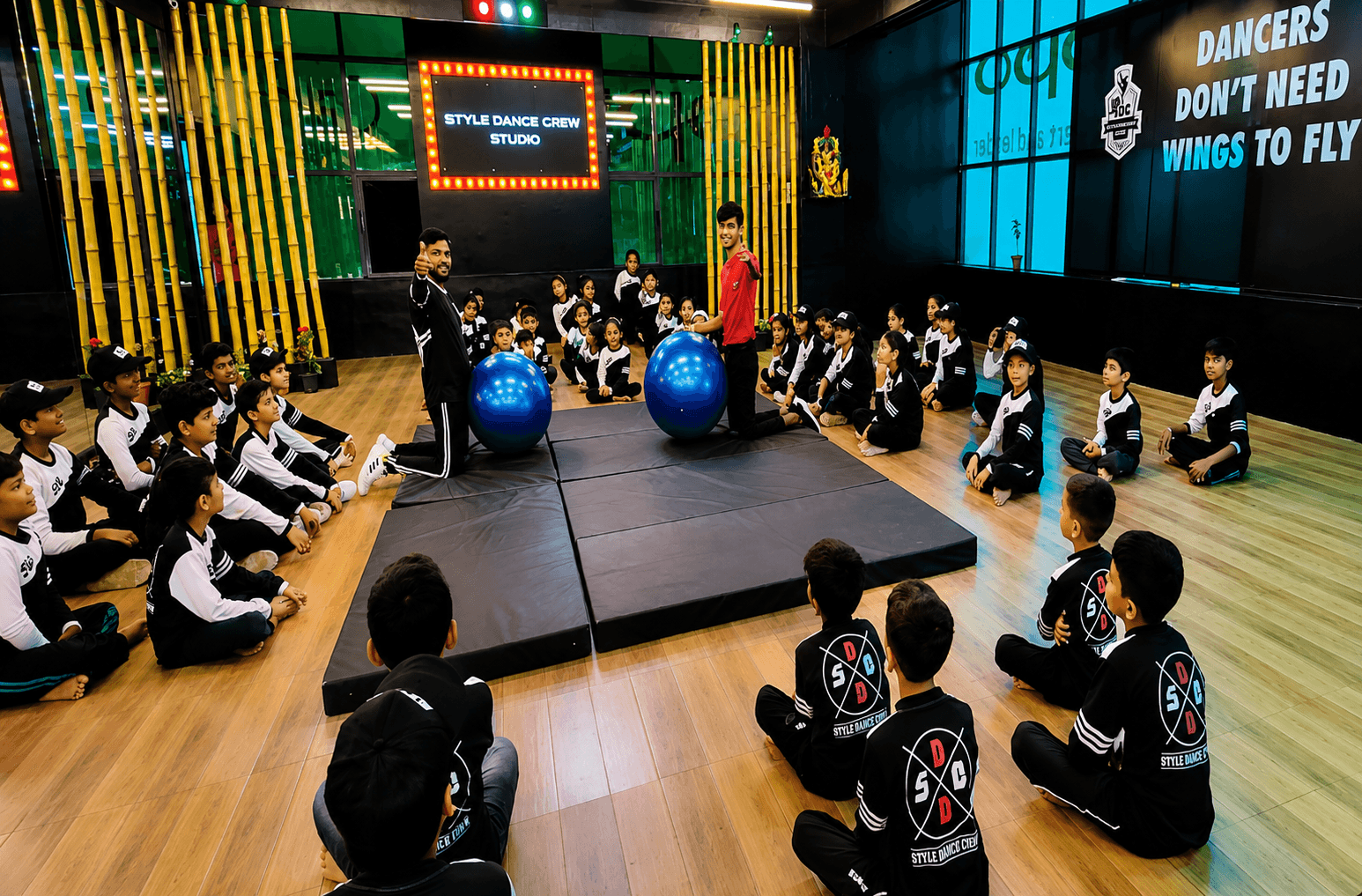 SDC students seated around the mat during a professional gymnastics session